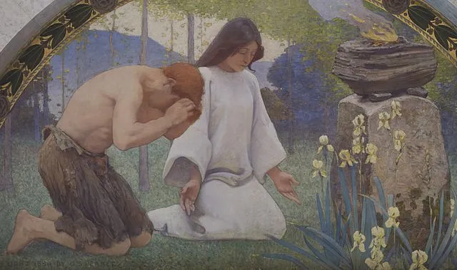 Detail of Religion mural in lunette from the Family and Education series by Charles Sprague Pearce. North Corridor, Great Hall, Library of Congress Thomas Jefferson Building, Washington, D.C. Mural contains artist's logo and COPYRIGHT 1896 BY C.S.PEARCE