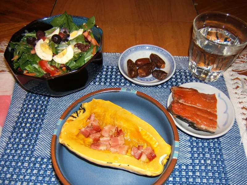 Salad, salmon dinner